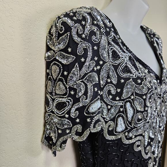 VTG Laurence Kazar Beaded Silk Formal Dress L Embellished Sequin MOB 80s Black - Picture 6 of 16